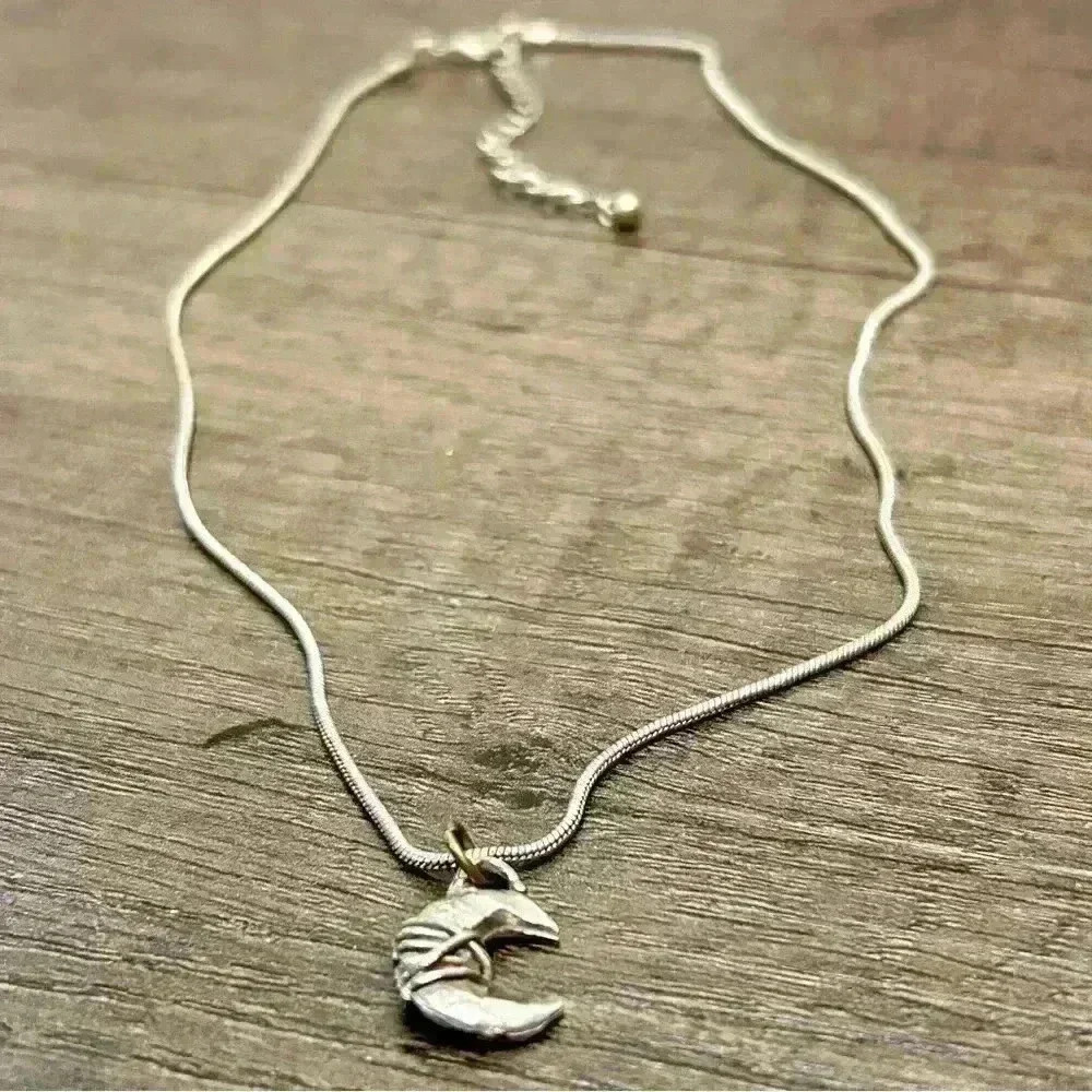 Vintage Hand Made Sterling Silver Wire Wrapped Moon Pendant Silver Tone Necklace